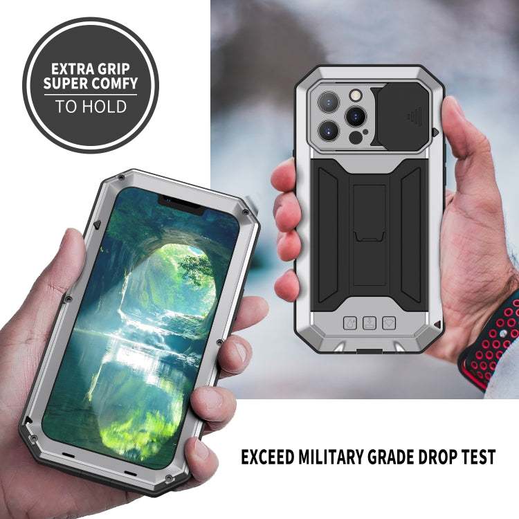 For iPhone 13 Pro Max R-JUST Sliding Camera Shockproof Life Waterproof Dust-proof Metal + Silicone Protective Case with Holder (Silver) - iPhone 13 Pro Max Cases by R-JUST | Online Shopping South Africa | PMC Jewellery