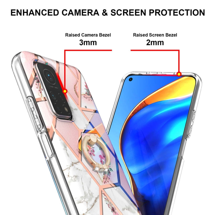 For Xiaomi Mi 10T / Mi 10T Pro Electroplating Splicing Marble Flower Pattern TPU Shockproof Case with Rhinestone Ring Holder(Pink Flower) - Xiaomi Cases by PMC Jewellery | Online Shopping South Africa | PMC Jewellery