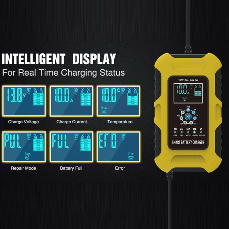 FOXSUR 10A 12V 7-segment Motorcycle / Car Smart Battery Charger, Plug Type:EU Plug(Yellow) - Battery Charger by FOXSUR | Online Shopping South Africa | PMC Jewellery | Buy Now Pay Later Mobicred