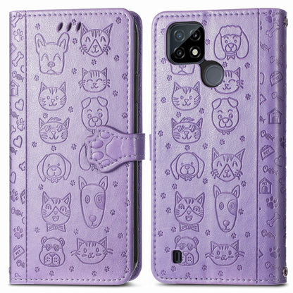 For OPPO Realme C21Y Cat and Dog Embossed Horizontal Flip Phone Leather Case with Holder & Card Slot & Wallet & Lanyard(Purple) - Realme Cases by PMC Jewellery | Online Shopping South Africa | PMC Jewellery | Buy Now Pay Later Mobicred