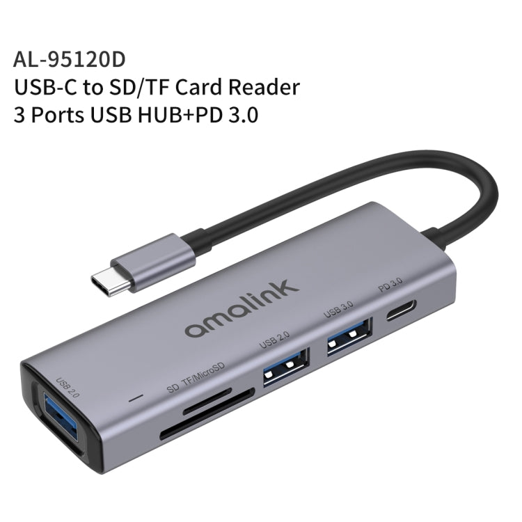 amalink 95120D Type-C / USB-C to SD/TF + 3 Ports USB + PD 3.0 Multi-function HUB (Grey) - USB HUB by amalink | Online Shopping South Africa | PMC Jewellery | Buy Now Pay Later Mobicred