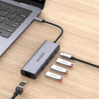 amalink 95121D Type-C / USB-C to RJ45 + 3 Ports USB + PD 3.0 Multi-function HUB(Grey) - USB HUB by amalink | Online Shopping South Africa | PMC Jewellery | Buy Now Pay Later Mobicred