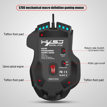 HXSJ S700 USB 12800dpi Adjustable 10-Keys Mechanical Wired Gaming Mouse(Black) - Wired Mice by HXSJ | Online Shopping South Africa | PMC Jewellery | Buy Now Pay Later Mobicred