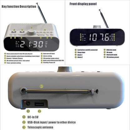 BT-A5 LED Display Bedside FM Clock Radio with Bluetooth Speaker (White) - Radio Player by PMC Jewellery | Online Shopping South Africa | PMC Jewellery | Buy Now Pay Later Mobicred