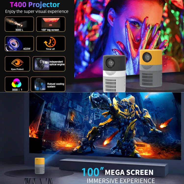 T400 100 inch Screen 3000 Lumens LED Mini Projector, Plug Type:EU Plug(Black White) - Mini Projector by PMC Jewellery | Online Shopping South Africa | PMC Jewellery | Buy Now Pay Later Mobicred