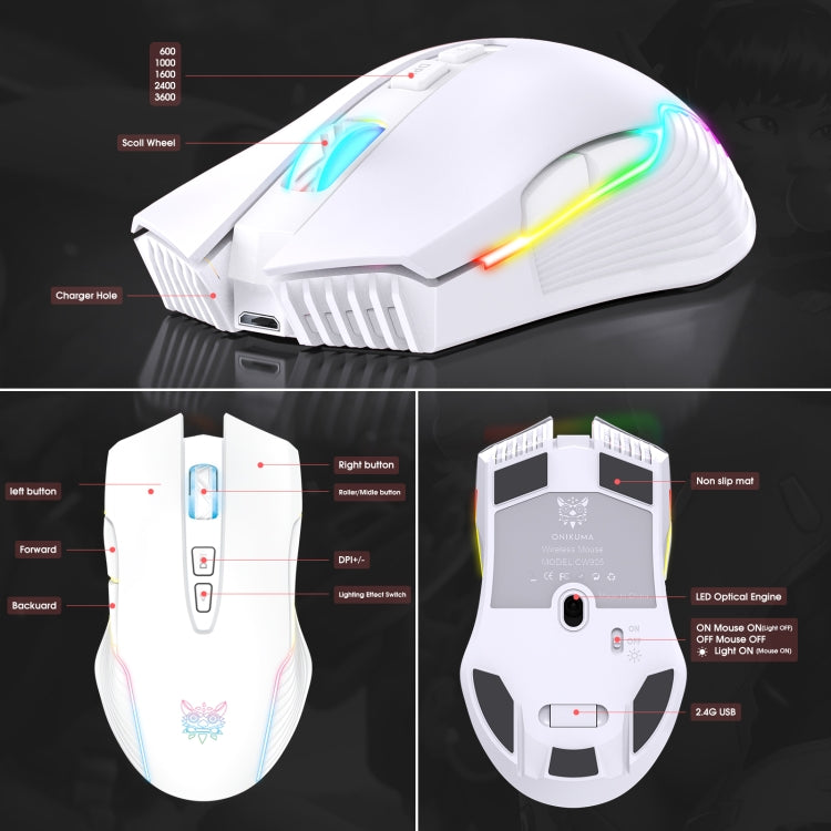 ONIKUMA CW905 2.4G RGB Lighting Wireless Mouse (Grey White) - Wireless Mice by ONIKUMA | Online Shopping South Africa | PMC Jewellery | Buy Now Pay Later Mobicred