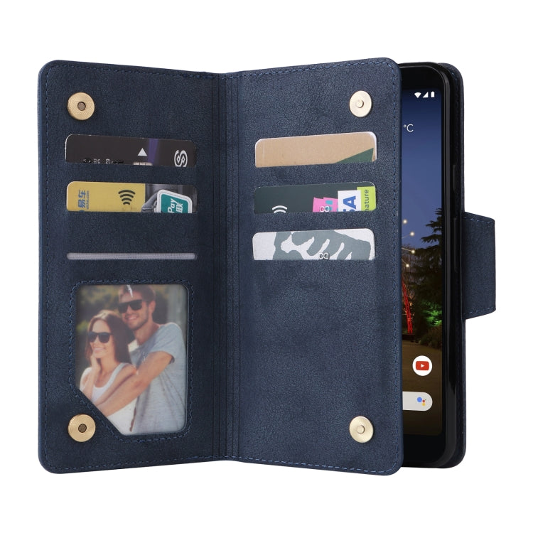 For Google Pixel 3A XL Rivet Buckle 9 Cards Three Fold Leather Phone Case(Blue) - Google Cases by PMC Jewellery | Online Shopping South Africa | PMC Jewellery | Buy Now Pay Later Mobicred