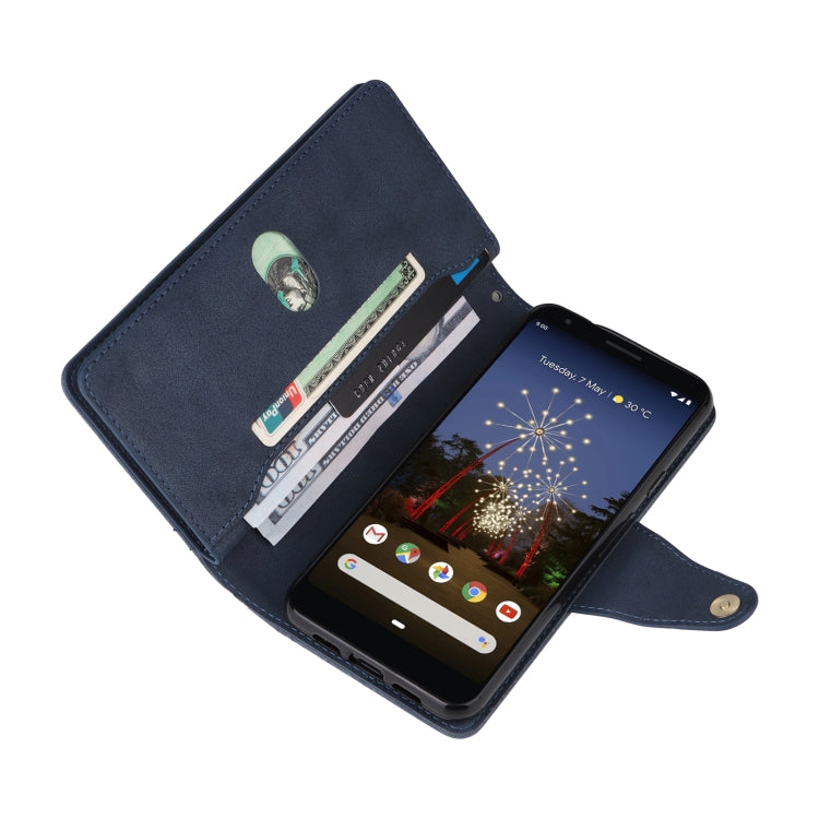 For Google Pixel 3A XL Rivet Buckle 9 Cards Three Fold Leather Phone Case(Blue) - Google Cases by PMC Jewellery | Online Shopping South Africa | PMC Jewellery | Buy Now Pay Later Mobicred