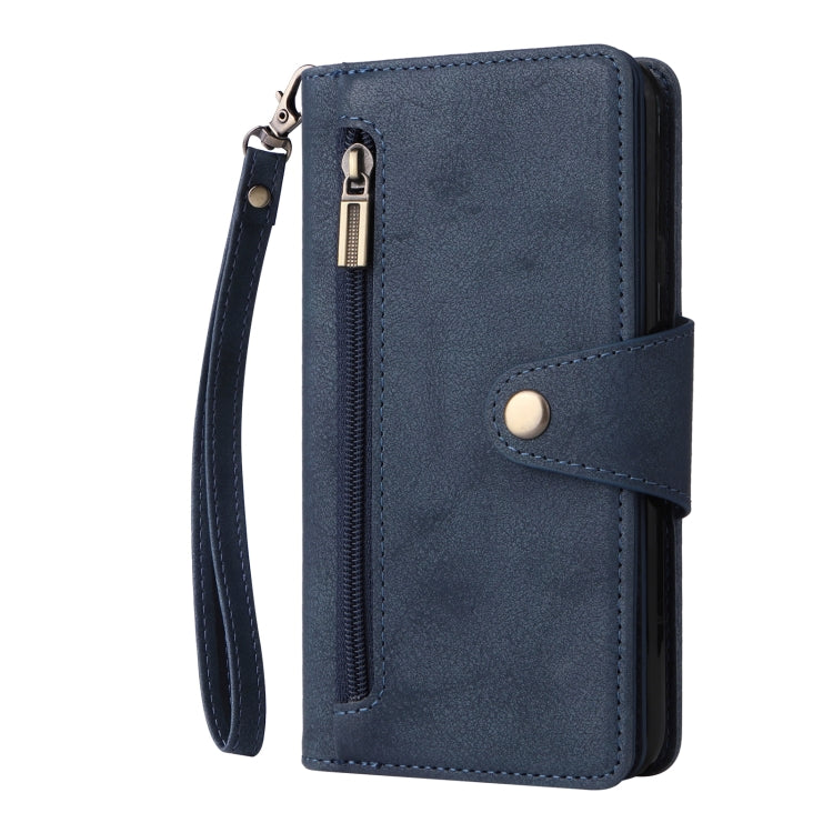 For Google Pixel 4A 4G Rivet Buckle 9 Cards Three Fold Leather Phone Case(Blue) - Google Cases by PMC Jewellery | Online Shopping South Africa | PMC Jewellery | Buy Now Pay Later Mobicred