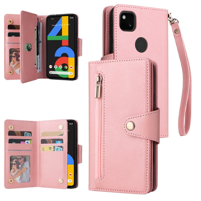 For Google Pixel 4A 4G Rivet Buckle 9 Cards Three Fold Leather Phone Case(Rose Gold) - Google Cases by PMC Jewellery | Online Shopping South Africa | PMC Jewellery | Buy Now Pay Later Mobicred