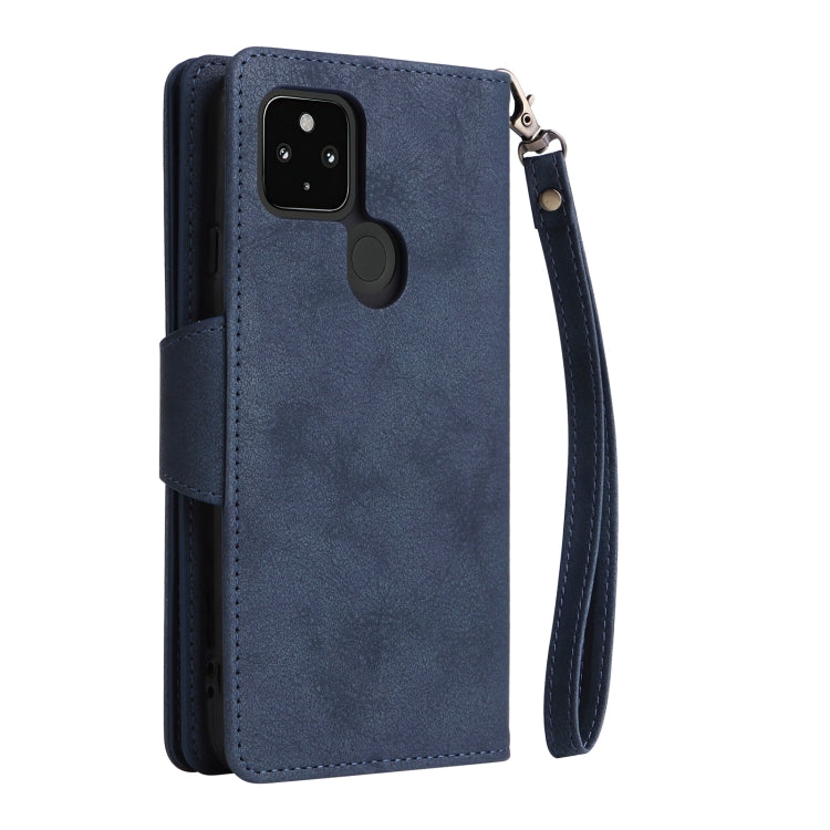 For Google Pixel 4A 5G Rivet Buckle 9 Cards Three Fold Leather Phone Case(Blue) - Google Cases by PMC Jewellery | Online Shopping South Africa | PMC Jewellery | Buy Now Pay Later Mobicred