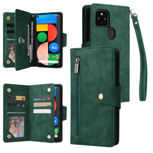 For Google Pixel 4A 5G Rivet Buckle 9 Cards Three Fold Leather Phone Case(Green) - Google Cases by PMC Jewellery | Online Shopping South Africa | PMC Jewellery | Buy Now Pay Later Mobicred