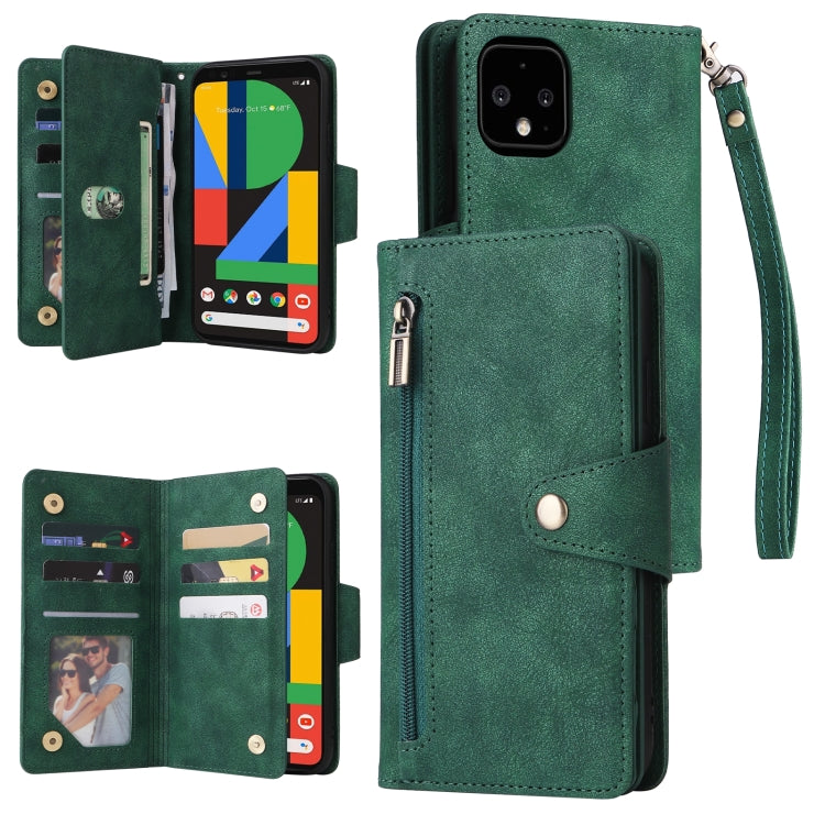 For Google Pixel 4 XL Rivet Buckle 9 Cards Three Fold Leather Phone Case(Green) - Google Cases by PMC Jewellery | Online Shopping South Africa | PMC Jewellery | Buy Now Pay Later Mobicred