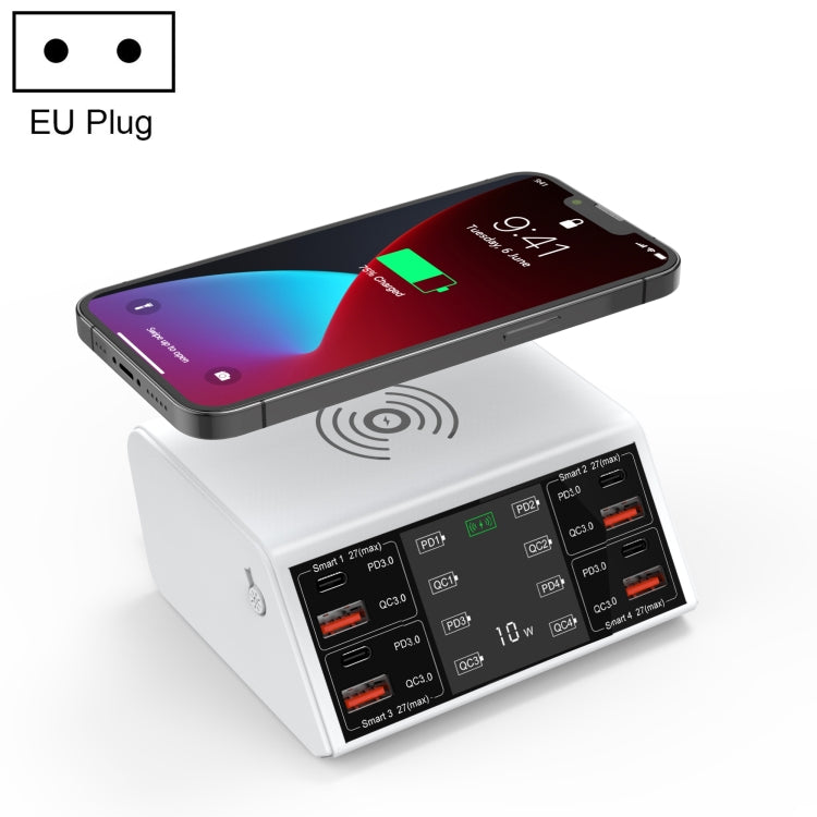 838w 9 in 1 100W 4 PD 3.0 USB-C / Type-C + 4 QC 3.0 USB Ports Smart Digital Display Wireless Charger, EU Plug(White) - Multifunction Charger by PMC Jewellery | Online Shopping South Africa | PMC Jewellery | Buy Now Pay Later Mobicred