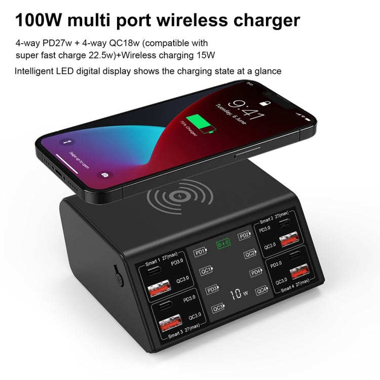 838w 9 in 1 100W 4 PD 3.0 USB-C / Type-C + 4 QC 3.0 USB Ports Smart Digital Display Wireless Charger, EU Plug(White) - Multifunction Charger by PMC Jewellery | Online Shopping South Africa | PMC Jewellery | Buy Now Pay Later Mobicred