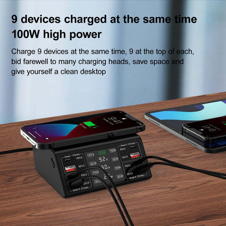 838w 9 in 1 100W 4 PD 3.0 USB-C / Type-C + 4 QC 3.0 USB Ports Smart Digital Display Wireless Charger, US Plug(Black) - Multifunction Charger by PMC Jewellery | Online Shopping South Africa | PMC Jewellery | Buy Now Pay Later Mobicred