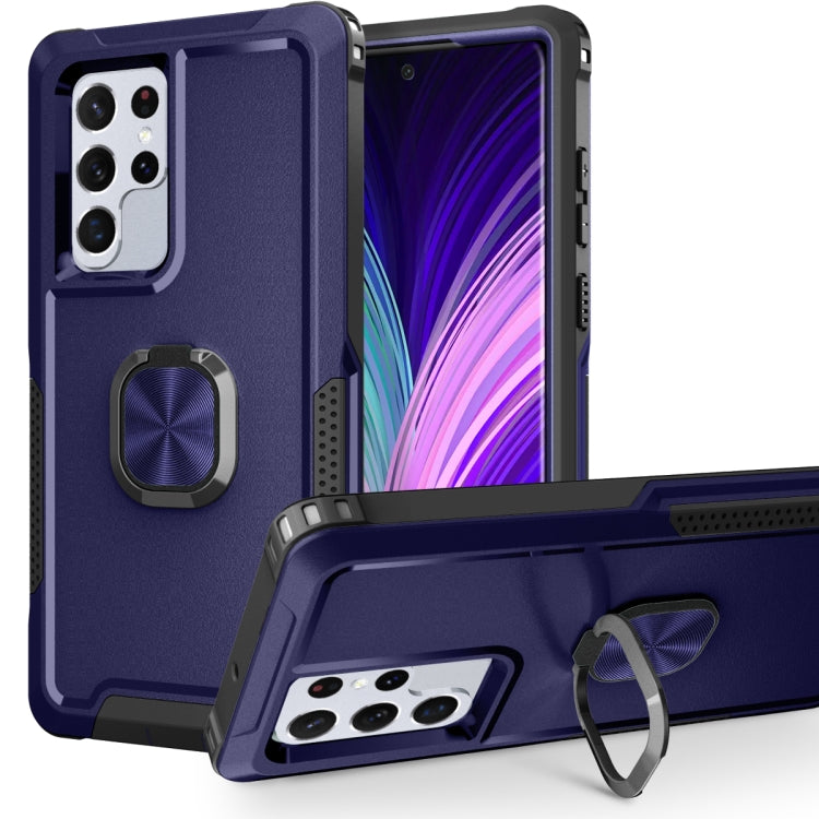 For Samsung Galaxy S22 Ultra 5G 3 in 1 Ring Holder PC + TPU Phone Case(Navy Blue) - Galaxy S22 Ultra 5G Cases by PMC Jewellery | Online Shopping South Africa | PMC Jewellery