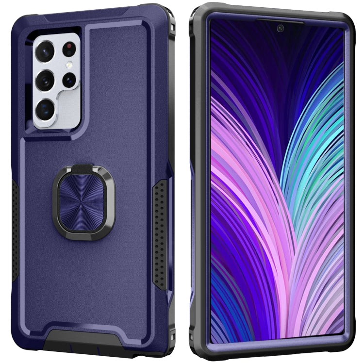 For Samsung Galaxy S22 Ultra 5G 3 in 1 Ring Holder PC + TPU Phone Case(Navy Blue) - Galaxy S22 Ultra 5G Cases by PMC Jewellery | Online Shopping South Africa | PMC Jewellery