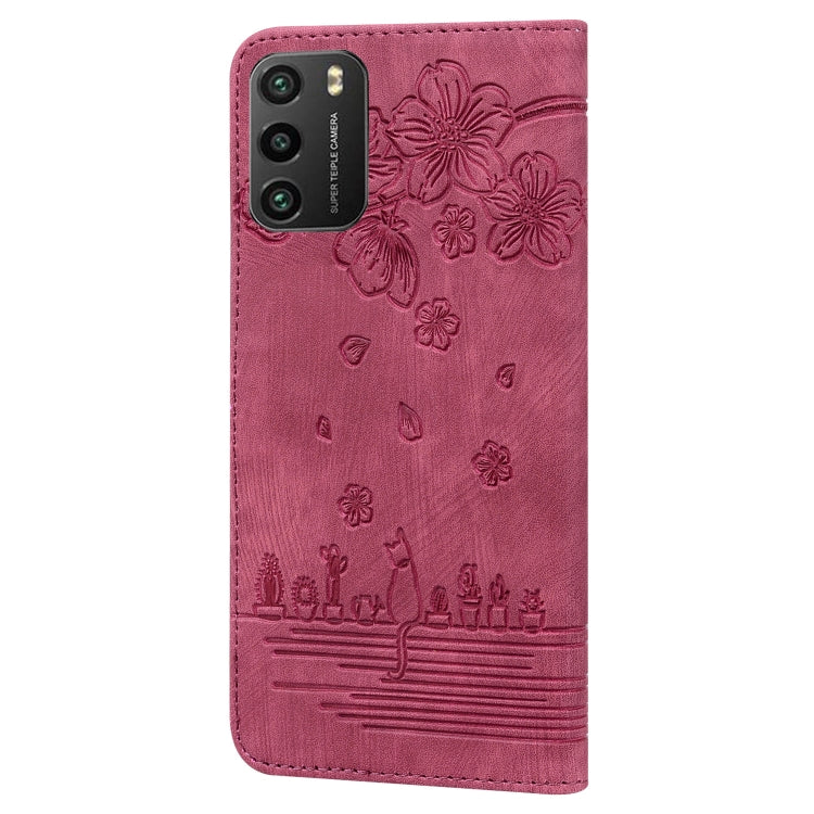 For Xiaomi Poco M3 / Redmi 9T Global Cartoon Sakura Cat Embossed Leather Phone Case(Wine Red) - Xiaomi Cases by PMC Jewellery | Online Shopping South Africa | PMC Jewellery