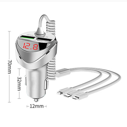 C68 LED Digital Display QC3.0 Fast Car Charger 3 in 1 with Spring Cable (Silver) - Car Charger by PMC Jewellery | Online Shopping South Africa | PMC Jewellery | Buy Now Pay Later Mobicred