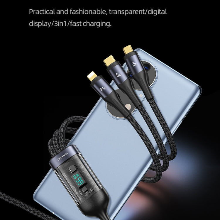 USAMS SJ582 U83 66W 3 in 1 Aluminum Alloy Transparent Digital Display Fast Charging Cable,Cable Length: 1.2m - Multifunction Cable by USAMS | Online Shopping South Africa | PMC Jewellery