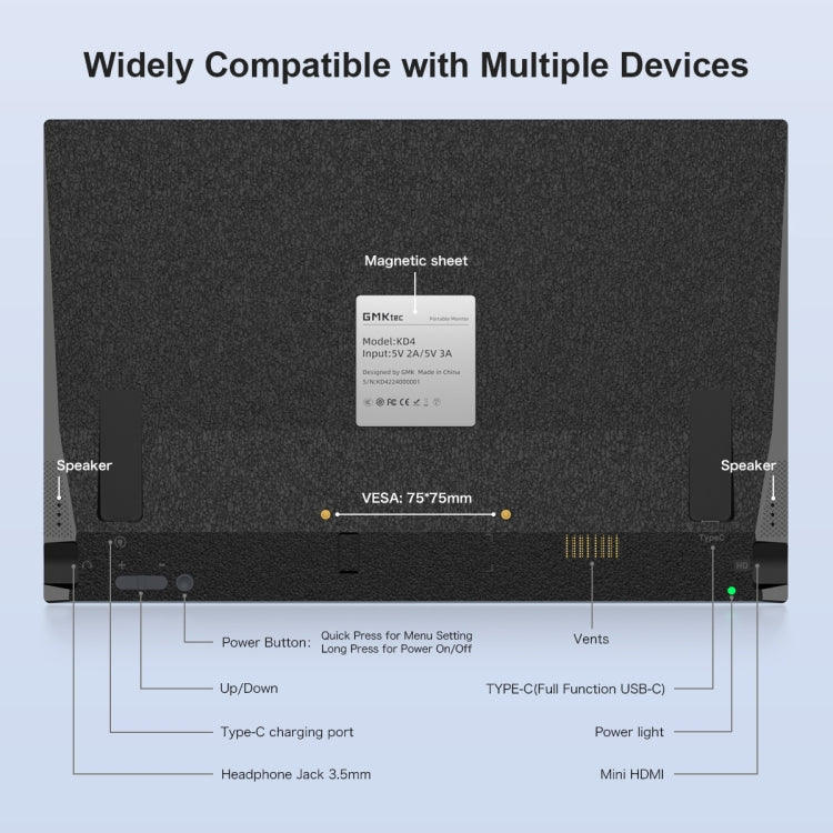 GMK KD4 14 inch HDR 1080P IPS Screen Portable Monitor(US Plug) - LCD Monitors by GMKtec | Online Shopping South Africa | PMC Jewellery | Buy Now Pay Later Mobicred