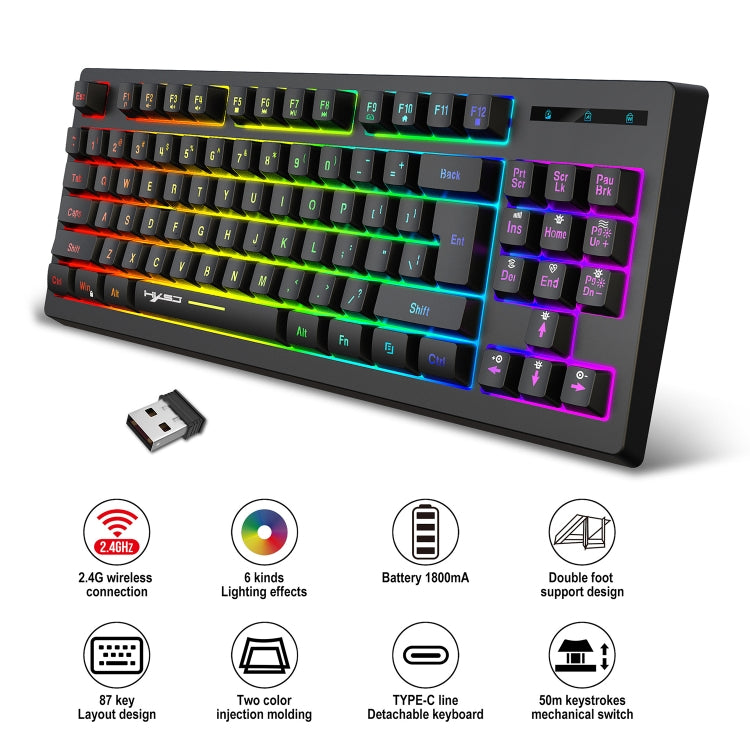 HXSJ L100 87 Keys RGB Backlit Film 2.4G Wireless Keyboard(Black) - Wireless Keyboard by HXSJ | Online Shopping South Africa | PMC Jewellery