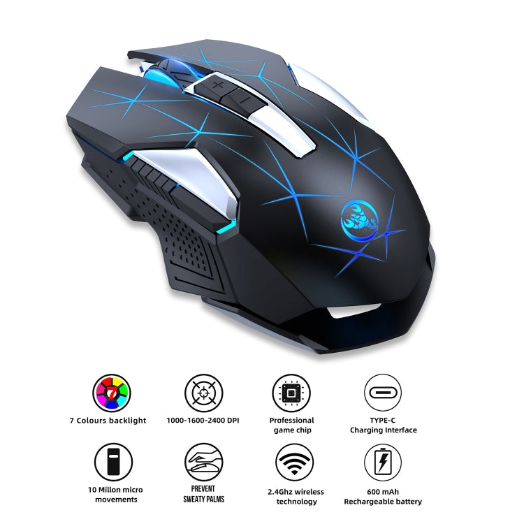 HXSJ T300 7 Keys 2400DPI 2.4G Colorful Luminous Wireless Mouse(Black) - Wireless Mice by HXSJ | Online Shopping South Africa | PMC Jewellery | Buy Now Pay Later Mobicred