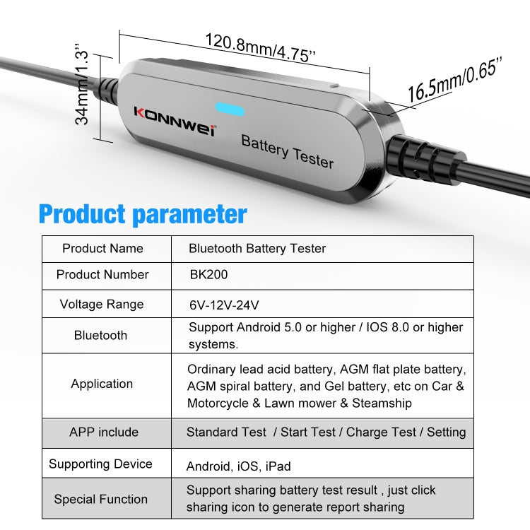 KONNWEI BK200 6V/12V/24V Car Bluetooth Battery Tester(Silver) - Electronic Test by KONNWEI | Online Shopping South Africa | PMC Jewellery | Buy Now Pay Later Mobicred