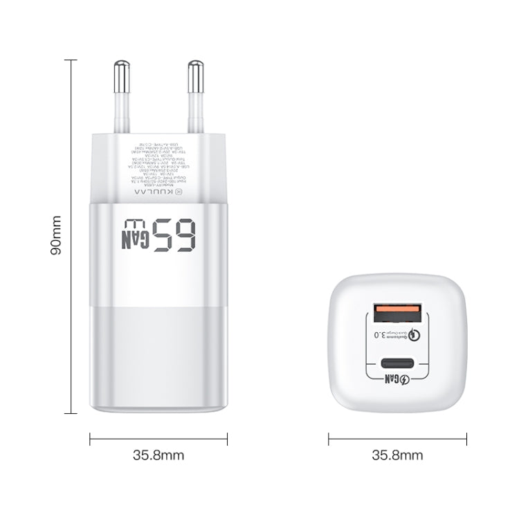 KUULAA RY-U65A 65W USB + USB-C / Type-C Dual Port Gallium Nitride Charger, Plug:EU(White) - USB Charger by KUULAA | Online Shopping South Africa | PMC Jewellery | Buy Now Pay Later Mobicred