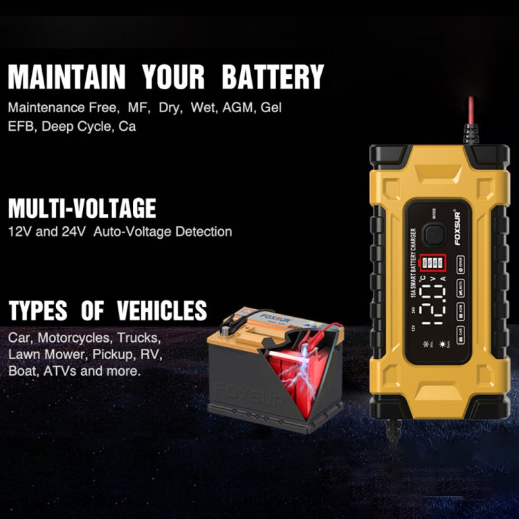 FOXSUR 12V / 24V / 10A Car / Motorcycle Battery Smart Repair Lead-acid Battery Charger(US Plug Yellow) - Battery Charger by FOXSUR | Online Shopping South Africa | PMC Jewellery | Buy Now Pay Later Mobicred