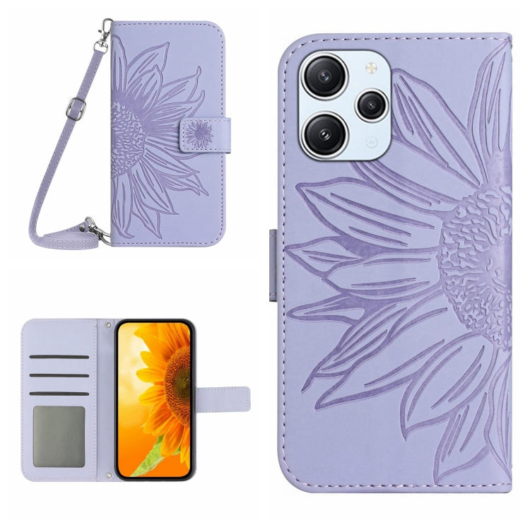 For Xiaomi Redmi 12 4G Global Skin Feel Sun Flower Embossed Flip Leather Phone Case with Lanyard(Purple) - Xiaomi Cases by PMC Jewellery | Online Shopping South Africa | PMC Jewellery | Buy Now Pay Later Mobicred