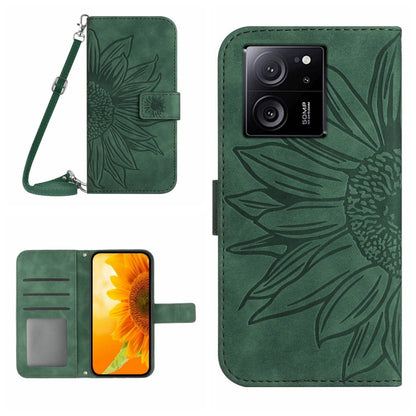 For Xiaomi 13T / 13T Pro Skin Feel Sun Flower Embossed Flip Leather Phone Case with Lanyard(Green) - Xiaomi Cases by PMC Jewellery | Online Shopping South Africa | PMC Jewellery | Buy Now Pay Later Mobicred