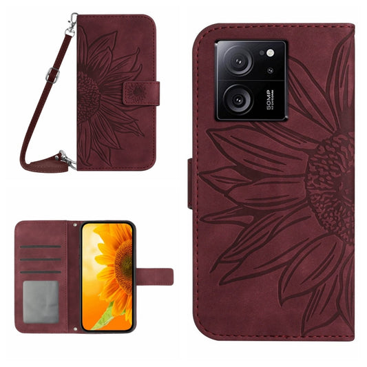 For Xiaomi 13T / 13T Pro Skin Feel Sun Flower Embossed Flip Leather Phone Case with Lanyard(Wine Red) - Xiaomi Cases by PMC Jewellery | Online Shopping South Africa | PMC Jewellery | Buy Now Pay Later Mobicred