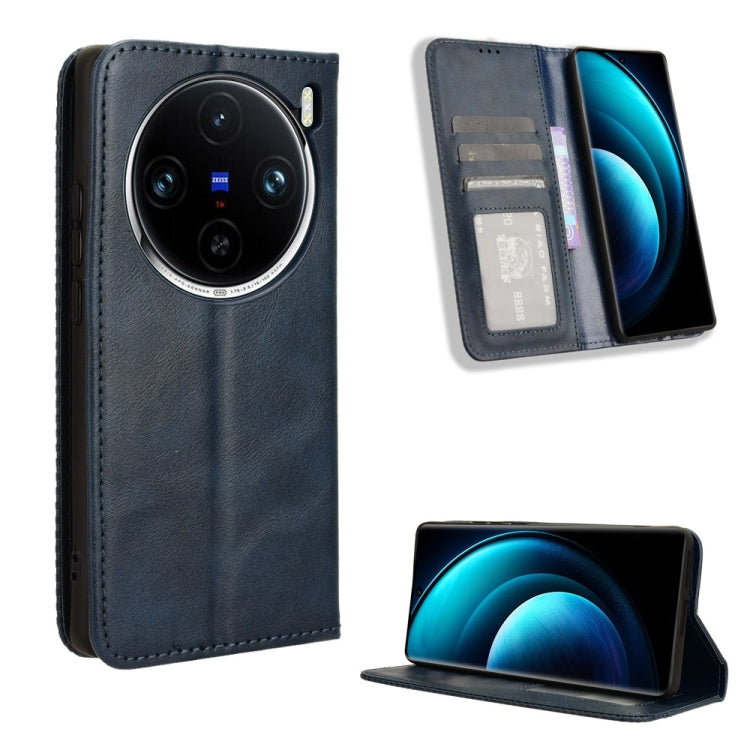 For vivo X100 5G Magnetic Buckle Retro Texture Leather Phone Case(Blue) - X100 Cases by PMC Jewellery | Online Shopping South Africa | PMC Jewellery | Buy Now Pay Later Mobicred