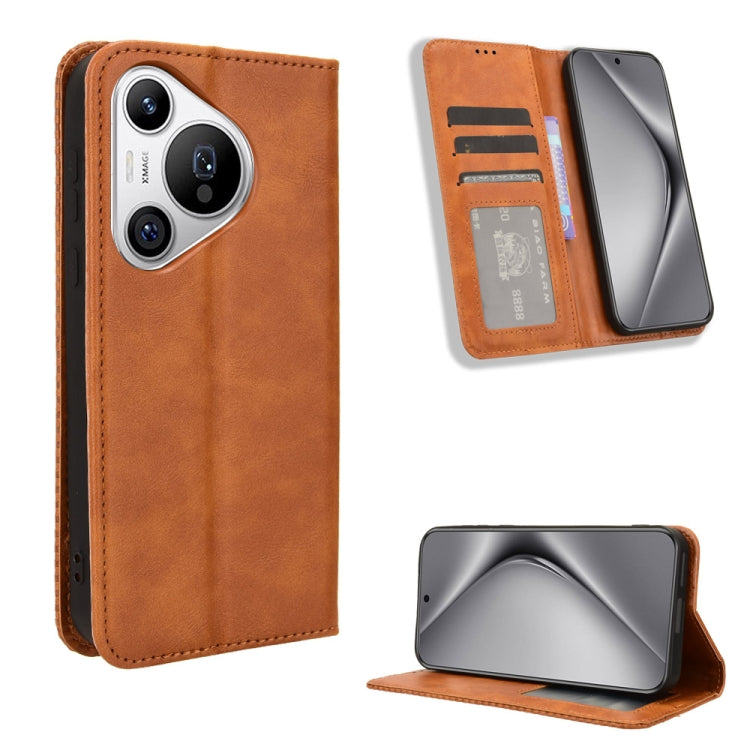 For Huawei Pura 70 Magnetic Buckle Retro Texture Leather Phone Case(Brown) - Huawei Cases by PMC Jewellery | Online Shopping South Africa | PMC Jewellery | Buy Now Pay Later Mobicred