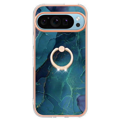 For Google Pixel 9 / 9 Pro Electroplating Marble Dual-side IMD Phone Case with Ring(Green 017) - Google Cases by PMC Jewellery | Online Shopping South Africa | PMC Jewellery | Buy Now Pay Later Mobicred