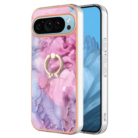 For Google Pixel 9 Pro XL Electroplating Marble Dual-side IMD Phone Case with Ring(Pink 013) - Google Cases by PMC Jewellery | Online Shopping South Africa | PMC Jewellery | Buy Now Pay Later Mobicred