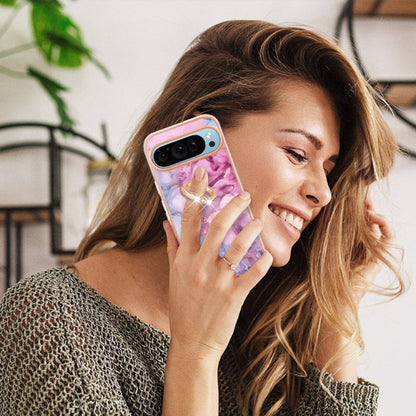 For Google Pixel 9 Pro XL Electroplating Marble Dual-side IMD Phone Case with Ring(Pink 013) - Google Cases by PMC Jewellery | Online Shopping South Africa | PMC Jewellery | Buy Now Pay Later Mobicred