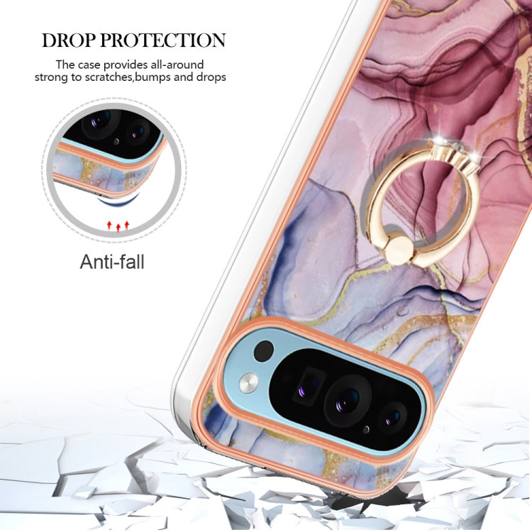 For Google Pixel 9 Pro XL Electroplating Marble Dual-side IMD Phone Case with Ring(Rose Red 014) - Google Cases by PMC Jewellery | Online Shopping South Africa | PMC Jewellery | Buy Now Pay Later Mobicred