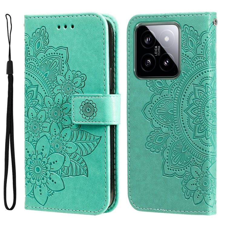 For Xiaomi 14 7-petal Flowers Embossing Leather Phone Case(Green) - 14 Cases by PMC Jewellery | Online Shopping South Africa | PMC Jewellery | Buy Now Pay Later Mobicred