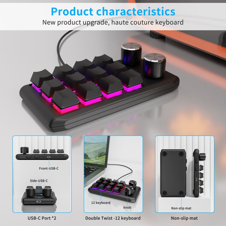 Bluetooth Wireless 12KV2 MOLD Mini Mechanical 12 Keys 2 Knob Custom Programming Keyboard(Black) - Mini Keyboard by PMC Jewellery | Online Shopping South Africa | PMC Jewellery