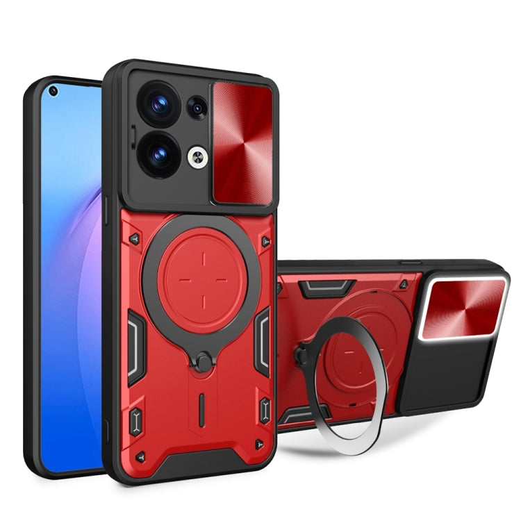 For OPPO Reno8 5G CD Texture Sliding Camshield Magnetic Holder Phone Case(Red) - OPPO Cases by PMC Jewellery | Online Shopping South Africa | PMC Jewellery | Buy Now Pay Later Mobicred
