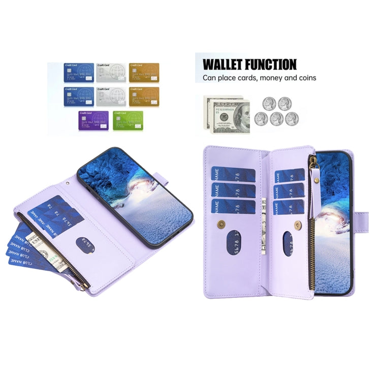 For iPhone 16 Pro 9 Card Slots Zipper Wallet Leather Flip Phone Case(Light Purple) - iPhone 16 Pro Cases by PMC Jewellery | Online Shopping South Africa | PMC Jewellery | Buy Now Pay Later Mobicred