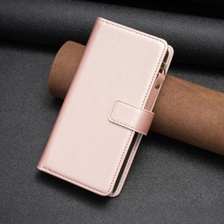 For iPhone 16 Plus 9 Card Slots Zipper Wallet Leather Flip Phone Case(Rose Gold) - iPhone 16 Plus Cases by PMC Jewellery | Online Shopping South Africa | PMC Jewellery | Buy Now Pay Later Mobicred