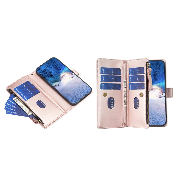 For iPhone 16 Plus 9 Card Slots Zipper Wallet Leather Flip Phone Case(Rose Gold) - iPhone 16 Plus Cases by PMC Jewellery | Online Shopping South Africa | PMC Jewellery | Buy Now Pay Later Mobicred