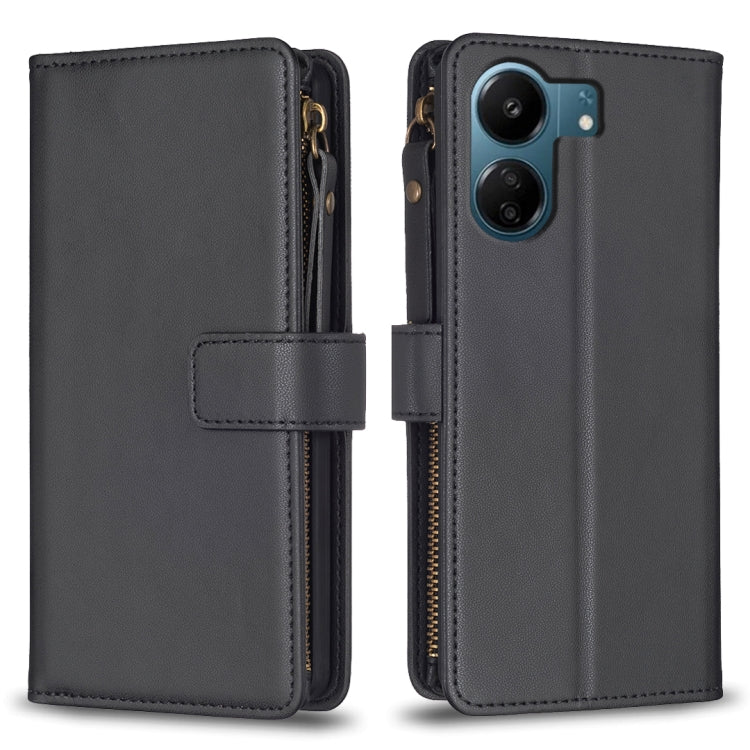 For Xiaomi Redmi 13C 9 Card Slots Zipper Wallet Leather Flip Phone Case(Black) - 13C Cases by PMC Jewellery | Online Shopping South Africa | PMC Jewellery | Buy Now Pay Later Mobicred