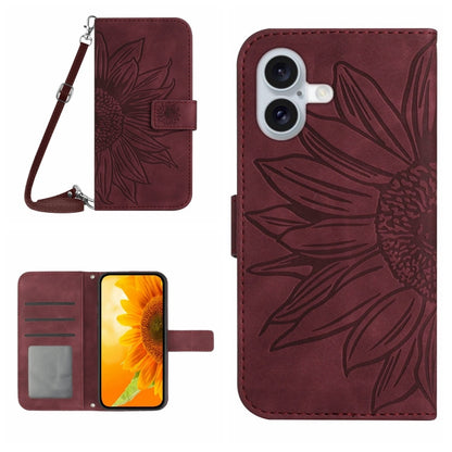 For iPhone 16 Skin Feel Sun Flower Embossed Flip Leather Phone Case with Lanyard(Wine Red) - iPhone 16 Cases by PMC Jewellery | Online Shopping South Africa | PMC Jewellery | Buy Now Pay Later Mobicred