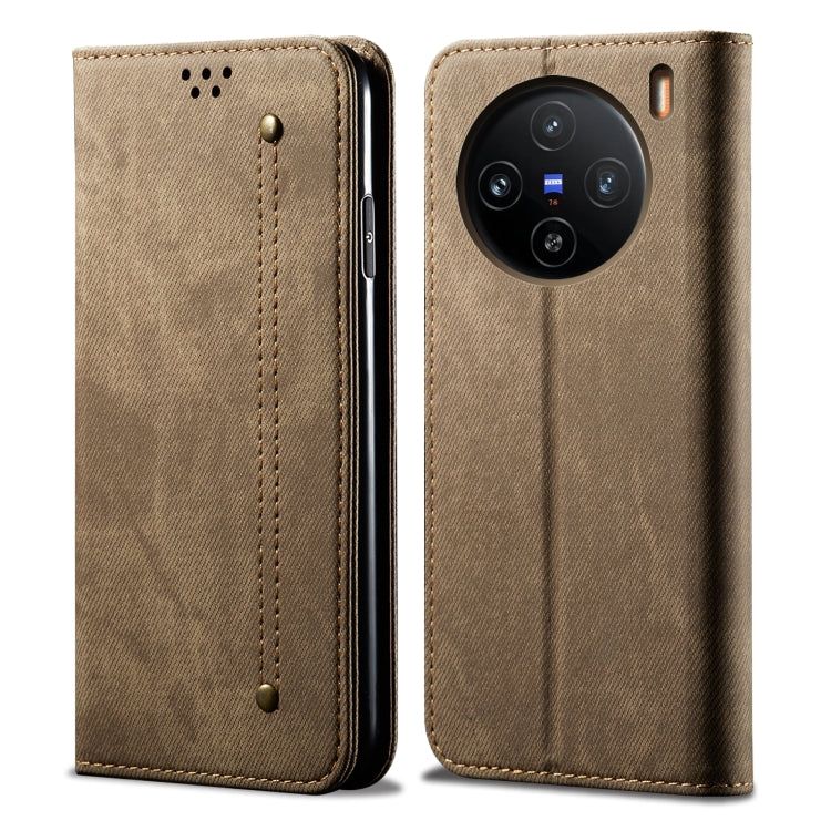 For vivo X100 Denim Texture Flip Leather Phone Case(Khaki) - X100 Cases by imak | Online Shopping South Africa | PMC Jewellery | Buy Now Pay Later Mobicred