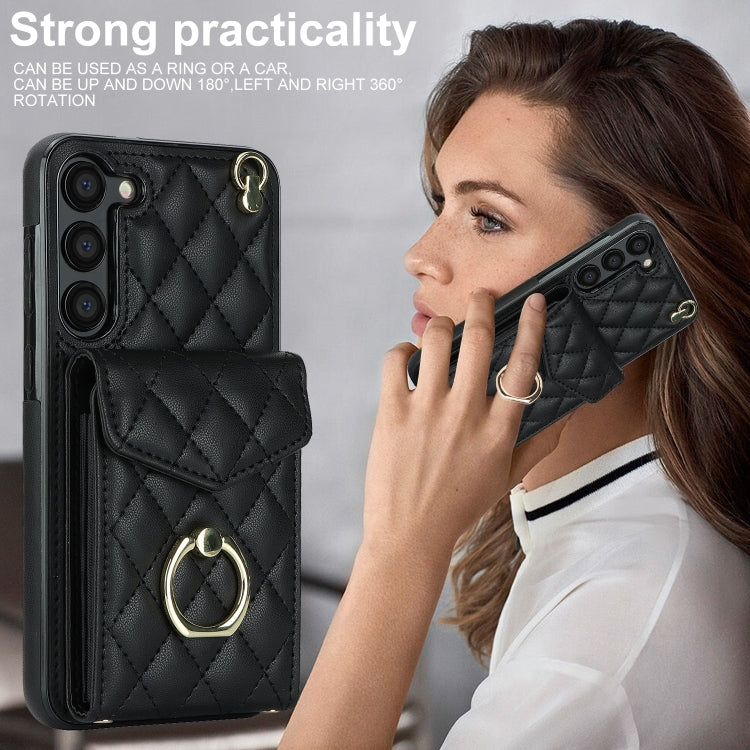 For Samsung Galaxy S24 5G Rhombic Texture Card Bag Phone Case with Long Lanyard(Black) - Galaxy S24 5G Cases by PMC Jewellery | Online Shopping South Africa | PMC Jewellery | Buy Now Pay Later Mobicred